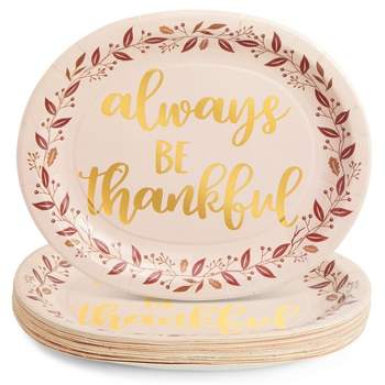 Sparkle and Bash 24-Pack Large Oval Thanksgiving Paper Plates, Heavy Duty Serving Plates with Fall Leaves, Pink with Gold Foil, 13x11 in