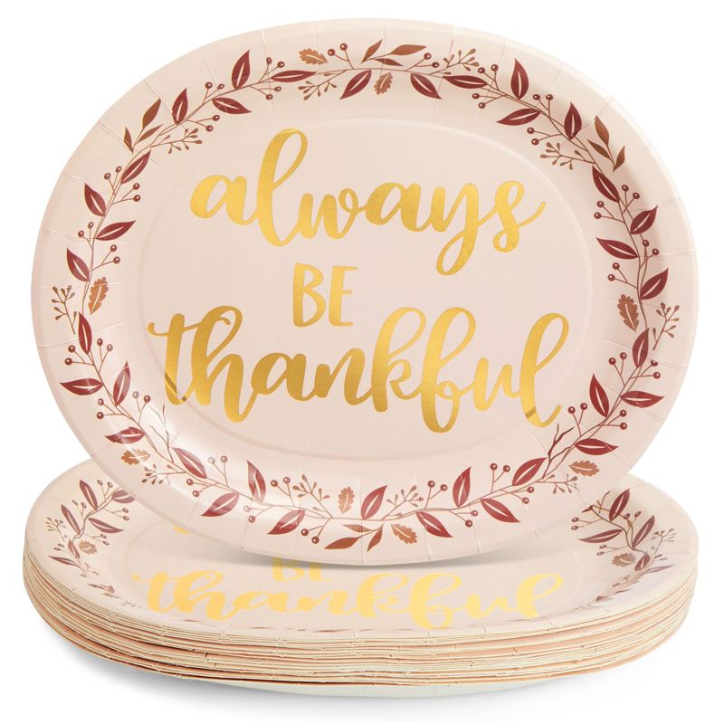 Sparkle and Bash 24-Pack Large Oval Thanksgiving Paper Plates, Heavy Duty Serving Plates with Fall Leaves, Pink with Gold Foil, 13x11 in, 1 of 8
