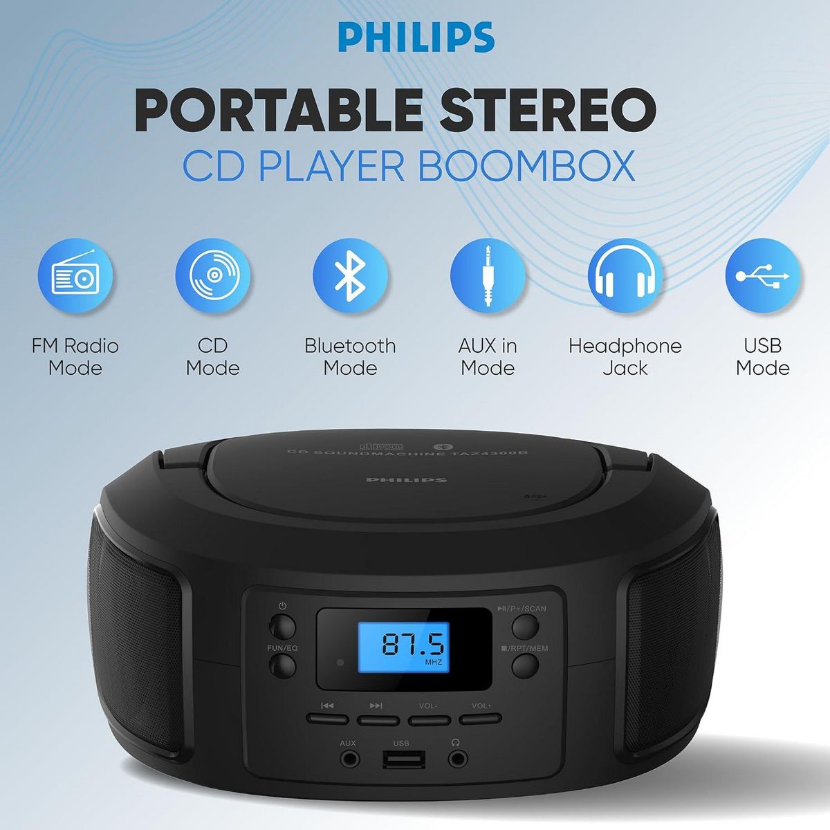 PHILIPS Portable CD Player Boombox with Bluetooth – Dynamic Bass Boost, FM Radio, USB/Aux Input, Compact Design - thumbnail 2