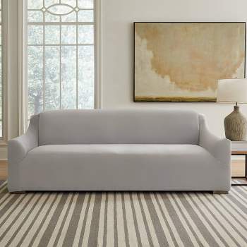 Sure Fit Hampstead Stretch Velvet Extra Large Sofa Machine Washable Couch Cover Light Gray