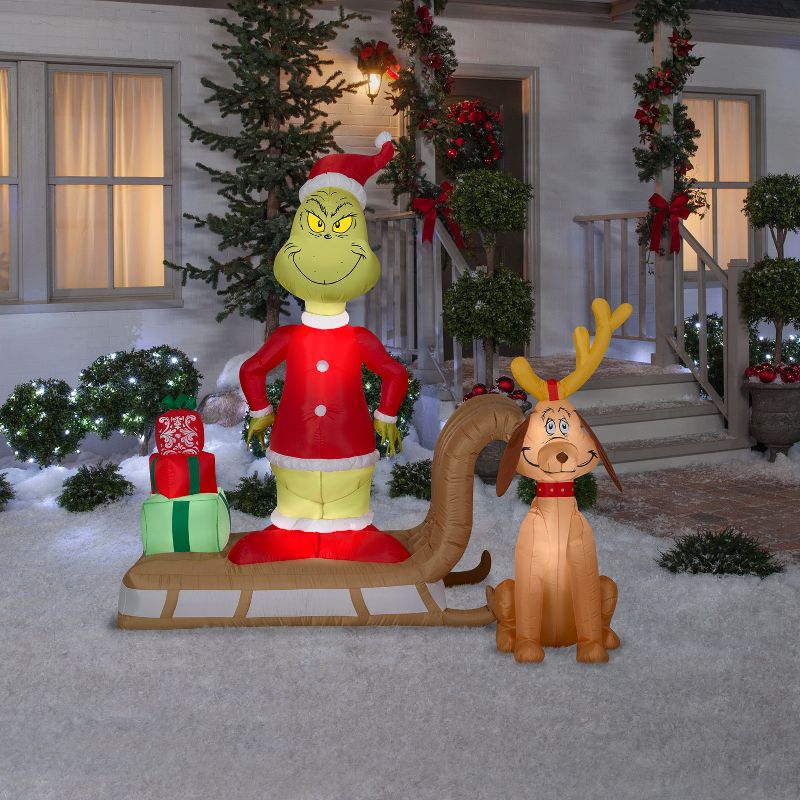 Gemmy Christmas Inflatable Grinch and Max Sled Scene with Gift Stack, 6 ft Tall, Multi, 2 of 7
