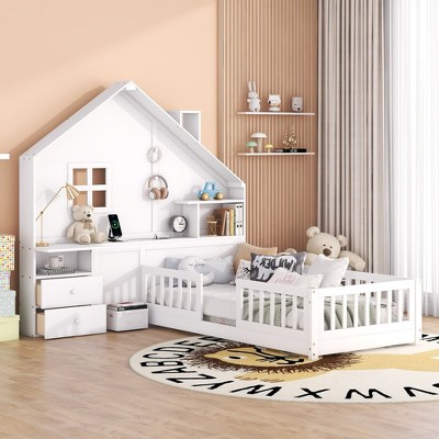 CAVINAS Twin/Full Size House Bed Frame with Bedside Drawers & Shelves,Platform Floor Bed for Kids Room,Bedroom