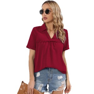 Women's V Neck Tops Summer Short Sleeve Solid Color T-shirts Casual Blouses - 1 of 4