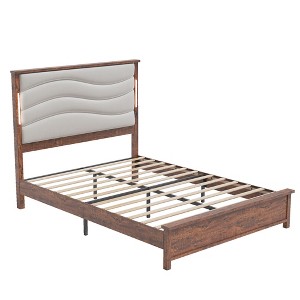 CLIHOME Beige Linen Upholstered Headboard Bed Frame with Charging Station and LED Lights, Wood Slats - 1 of 4