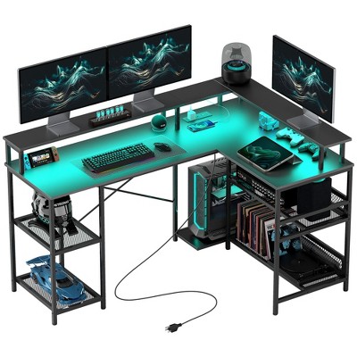 HOMCOM L Shaped Desk with LED Lights and Power Outlets, 59" Gaming Desk with Monitor Stand and Storage Shelves, Corner Computer Desk