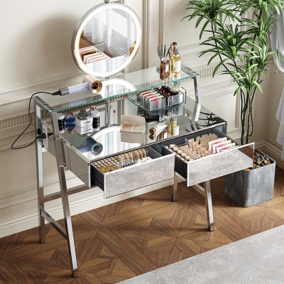 FURNIinspire Vanity Tables Mirrored Makeup Vanity Desk With Mirror, Vanity Table With 2 Big Drawers And Open Shelf, Silver, 33.9"*19.7"*48.8"