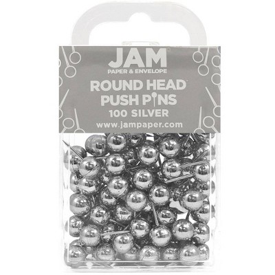 JAM Paper 100pk Colorful Push Pins - Round Head Map PushPins - Silver