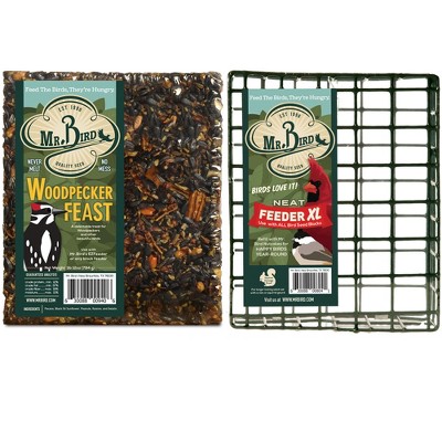 Home & Garden 8.25" Woodpecker Feast Cake & Cage Set/2 No Mess Melt Wild Bird Mr Bird  -  Bird And Wildlife Food