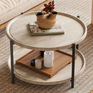 Round Boho Wood Coffee Table, 29.3in Farmhouse Natural Circle Wooden 2-Tier Coffee Tables Living Room Furniture, 29.3" D x 17.7" H - 1 of 4