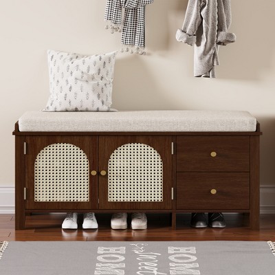 VYNXARIA Storage Bench,Vintage Shoe Bench with Storage and Cushion,Shoe Bench with 2 Drawers and 2 Rattan Door for Entryway,Bedroom