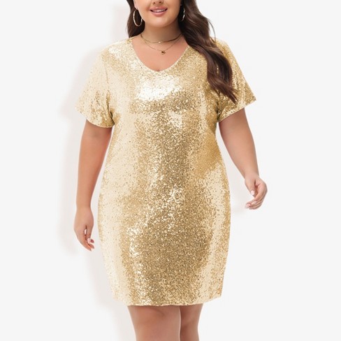 Anna Kaci Women s Plus Size V Neck Short Sleeve Sequin Party Dress 4X Gold