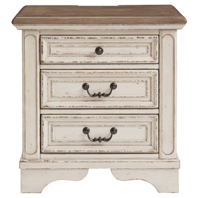 Chipped White & Distressed Wood 3-Drawer Nightstand with USB Ports