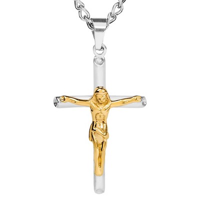 Men's Stainless Steel Two-Tone Crucifix Cross Pendant Necklace