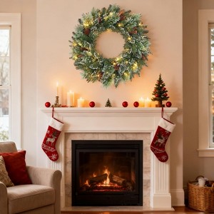 24" Pre-Lit Christmas Wreath with Berries Pinecones Poinsettia Flowers Lighted Artificial Christmas Wreath for Home Indoor Outdoor Decorations - 1 of 4