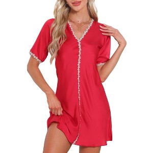 INSPIRE CHIC Womens Nightgown Floral Satin A-line Sleepdress Soft V Neck Short Sleeve Loungewear - 1 of 4