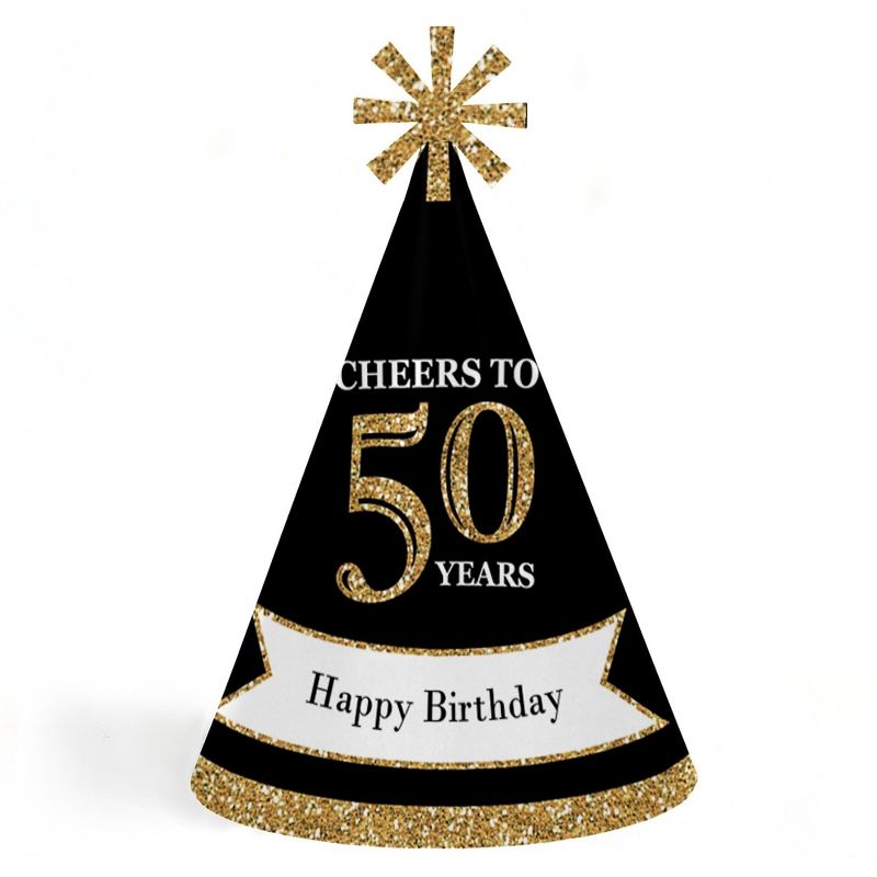 Big Dot of Happiness Adult 50th Birthday - Gold - Cone Birthday Party Hats for Adults - Set of 8 (Standard Size), 1 of 8