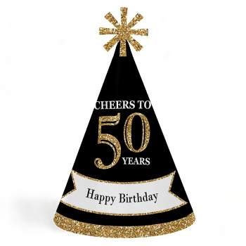 Big Dot of Happiness Adult 50th Birthday - Gold - Cone Birthday Party Hats for Adults - Set of 8 (Standard Size)