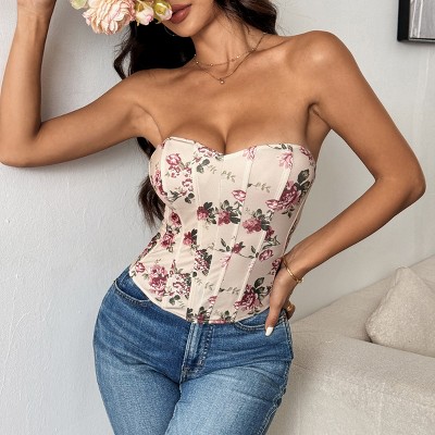 Womens Vintage Floral Denim Overbust Corset Bustier Top