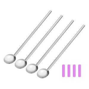 Unique Bargains Stainless Steel Long Handle Reusable Drinking Spoon Straws with Silicone Tips 4 Pcs - 1 of 4