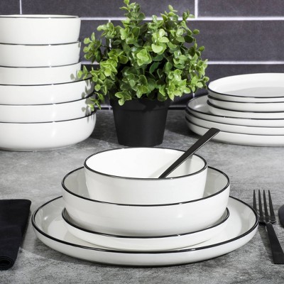 Oslo White Porcelain Dinnerware Set with Black Rim, Service for 4