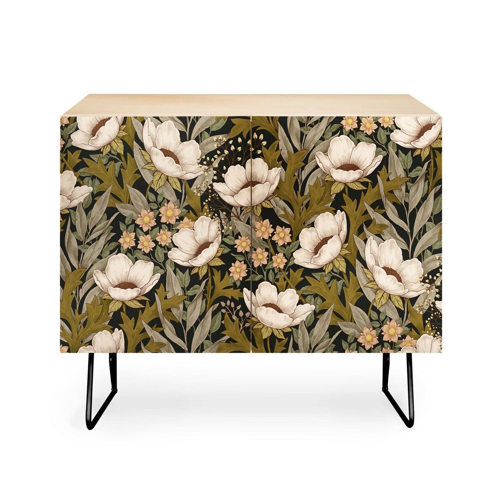 Photos - Wardrobe Avenie Floral Meadow Spring Green Credenza Black - Deny Designs: Baltic Birch, Aston Legs, Adjustable Shelves