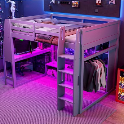 YOOCOZZ Full Size Wood Gaming Loft Bed with Desk, Multi-storage Shelves, LED and a Hanging Clothes Rack