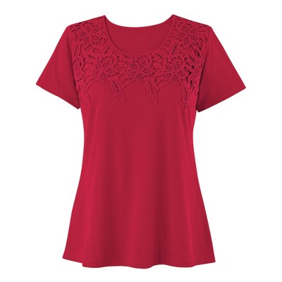 Collections Etc Beautiful Lace Design Trimmed Cotton Knit Top Large Red ...