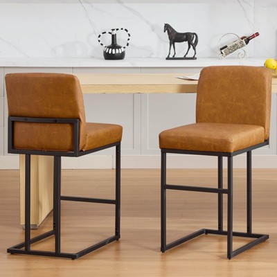 24" Counter Height Bar Stool, Faux Leather Barstool with Back and Metal Frame, Modern Armless Upholstered Bar Chair Stool for Kitchen Island