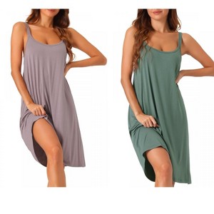 cheibear Women's Cross Back Spaghetti Straps Suspenders Pajama Dress 2 Pcs - 1 of 4
