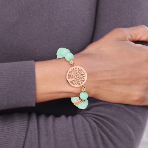 Chisel Stainless Steel Rose IP-plated Tree of Life 8mm Green Dyed Jade Beaded Stretch Bracelet - 1 of 4