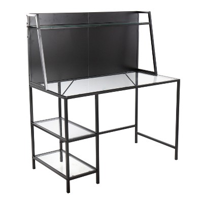 Vynxaria Contemporary Desk - Black Metal Frame, Clear Glass Top, Extra Storage Shelves, Versatile Design