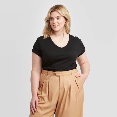 Women's Plus Size Short Sleeve V-Neck Slim Fit T-Shirt - Ava & Viv™ Black 3X Women's Plus Size Short Sleeve V-Neck Slim Fit T-Shirt - Ava & Viv™ Black 3X