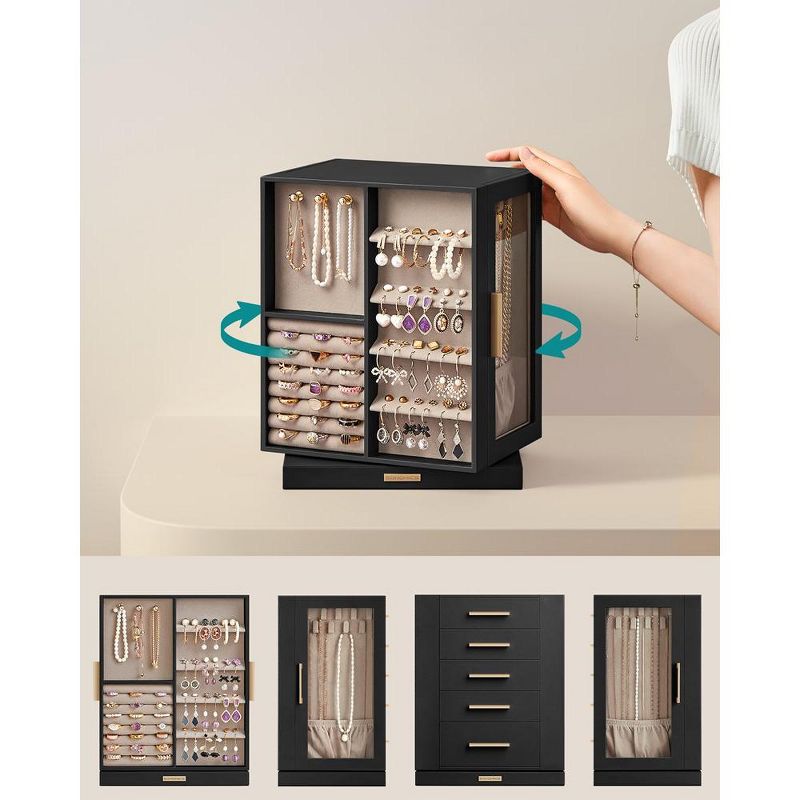 SONGMICS Jewelry Box 360° Rotating, Jewelry Storage Case with 5 Drawers, Jewelry Organizer, Glass Window, Spacious, 4 of 7