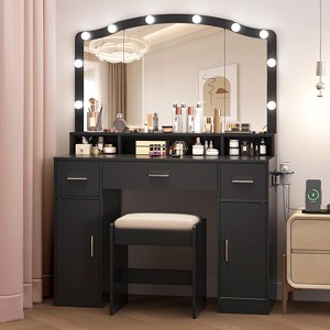 Vanity Desk with Mirror and Light,Dressing Table Set with 3 Drawers,2 Cabinets Vanity with 10 LED Lights,White - 1 of 4