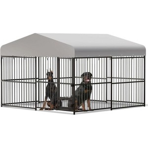 Acekool Outdoor Dog Kennel, 10x10FT Large Dog Enclosure with Iron Guardrails, Waterproof Cover & 2 Stainless Steel Bowls - 1 of 4
