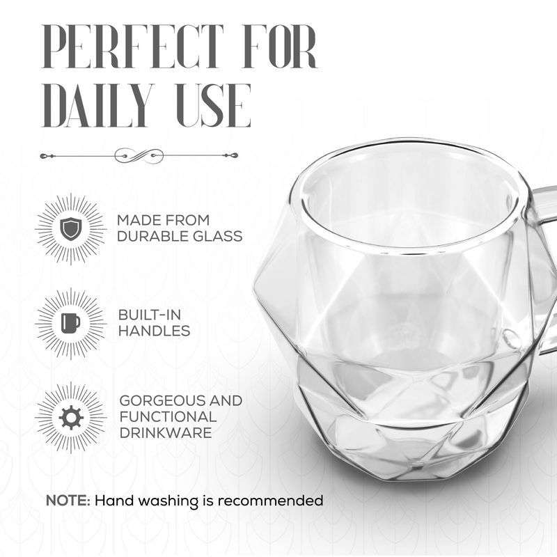 Elle Decor Insulated Coffee Mug Set of 2 Double Wall Diamond Shaped Glasses, Tea Cups, Glass Coffee Mugs, Clear, 3 of 8