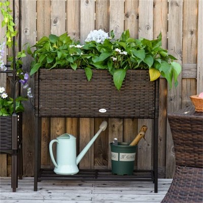 YONWAY Raised Garden Bed, Elevated Planter Box with Rattan Wicker Look, Tool Storage Shelf, Portable Design for Herbs, Vegetables, Flowers, Brown