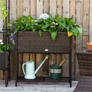 YONWAY Raised Garden Bed, Elevated Planter Box with Rattan Wicker Look, Tool Storage Shelf, Portable Design for Herbs, Vegetables, Flowers, Brown - 1 of 4