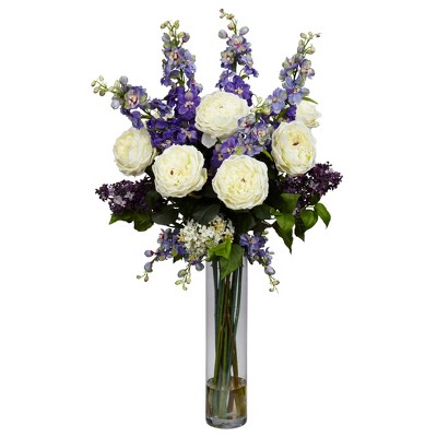 Nearly Natural Rose, Delphinium and Lilac Silk Flower Arrangement, Purple