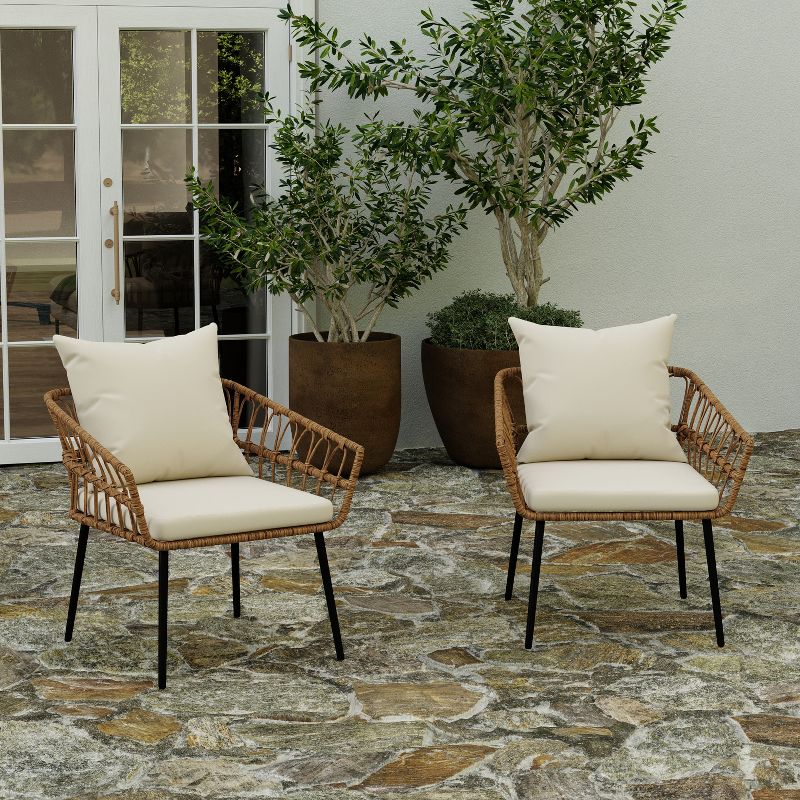 Merrick Lane Set of Two Indoor/Outdoor Boho Style Open Weave Rattan Rope Patio Chairs with Cushions, 3 of 10