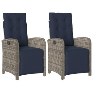 vidaXL Reclining Patio Chairs 2 pcs - Gray Poly Rattan with Navy Blue Cushions, Adjustable Backrest/Footrest - 1 of 4