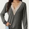 Anna-Kaci Women's Long Sleeve V-Neck Top with Contrast Crochet Trim and Relaxed Hem - 3 of 4