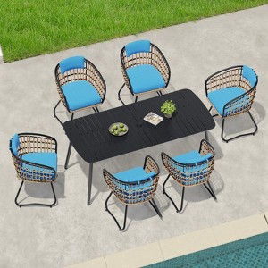 Crestlive Products 7pc Outdoor Dining Set 82.7 inch Patio Dining Table with Rattan Dining Chairs Wooden-Like Top and Aluminum Frame Umbrella Hole - 1 of 4