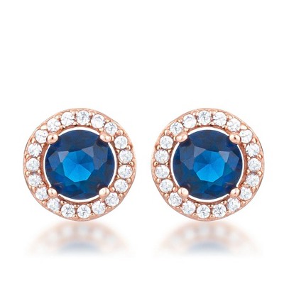 ShineHigh 2.3 Ct Rose Gold-Plated Sapphire Blue CZ Halo Earrings – Round Cut Center with Delicate Clear CZ Frame