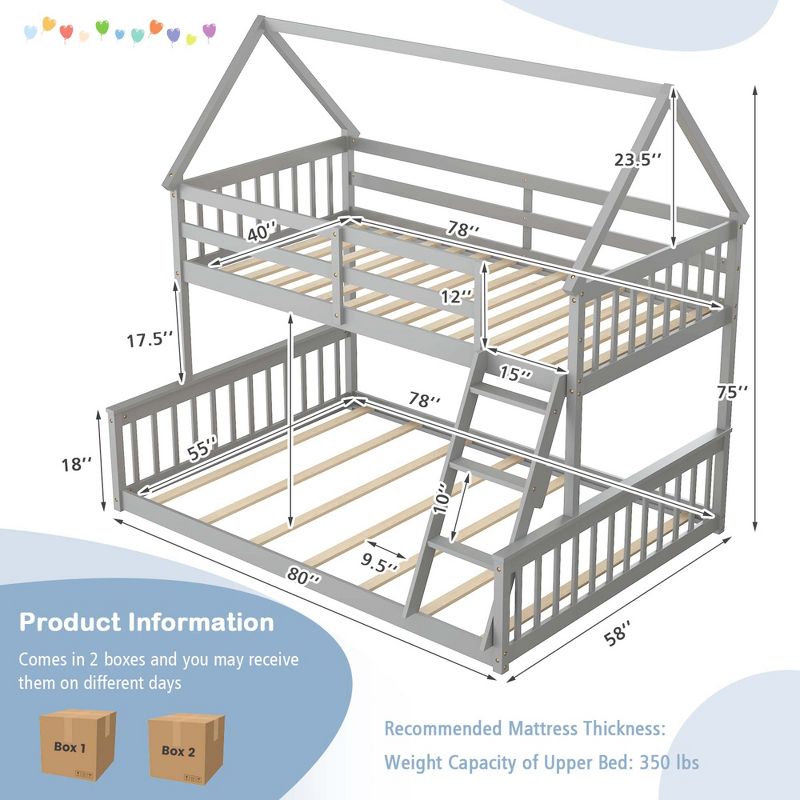 Costway Twin Over Full House Bunk Bed with Ladder & Guardrails Convertible to 2 Beds, 3 of 11