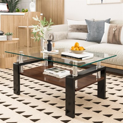 RISOKEYS Rectangle Coffee Table - Tempered Glass Top with MDF Layer, Modern Coffee Table with Storage Shelf for Living Room