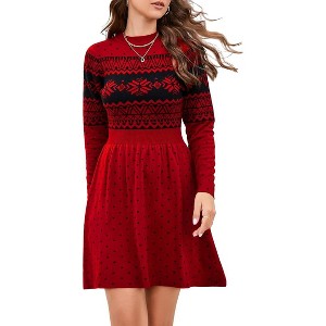 Clearlove  Women Christmas Long Sleeve Knitted Crewneck High Waist A-Line Mini Sweater Dress - 1 of 4