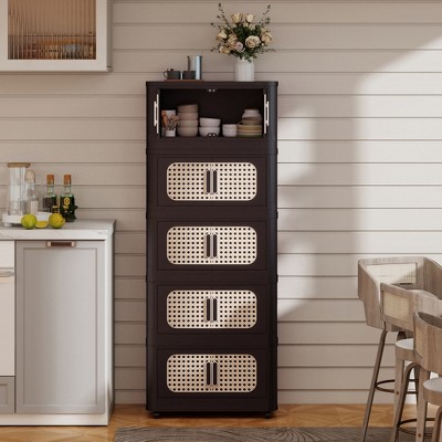 SKRAN Foldable Storage Cabinet with Lids, 5 Tier Stackable Storage Bins with Magnetic Door and Brake Casters for Toys and Home Organization