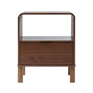 Vynxaria Modern Minimalist Curved-Top Nightstand, Brown Stained Solid Pine Wood, 1 Drawer + 1 Cubby, Minimal Hardware, Versatile Side/Sofa Table - 1 of 4