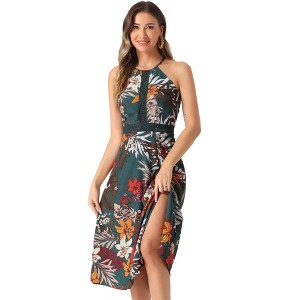 Allegra K Women's Boho Floral Sleeveless Split Halter Neck Sundresses - 1 of 4
